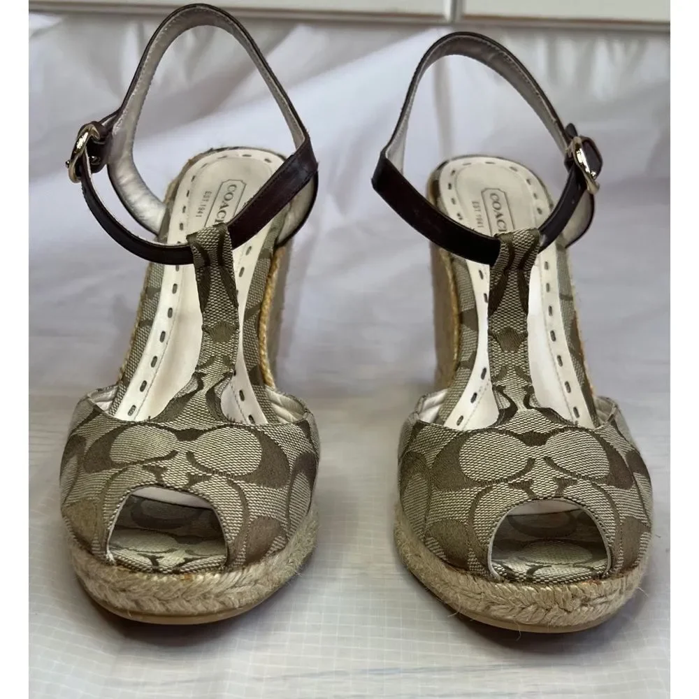 Coach Brown Jacquard Fabric Logo Peep Toe Sling back Wedge Shoe Sz 9